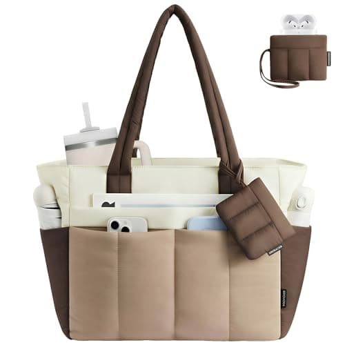 LOVEVOOK Puffer Tote Bag for Women Quilted Work Tote Handbags with Zipper 15.6 inch Teacher Nurse Bags for Office Travel Khaki - Image 1