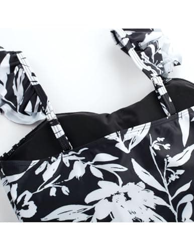 Kate Kasin Womens Bathing Suits Two Piece Tankini Set Swimsuit for Women Sleeveless Square Neck Ruched Padded Swim Tops with Briefs Swimwear Black Leaf Floral S - Thumbnail 6