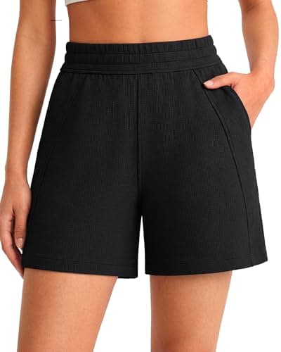 G4Free Shorts for Women Wide Leg Casual Sweat Shorts with Pockets Waffle Knit Soft Comfy Athletic Short Pants (Black,XL) - Image 1