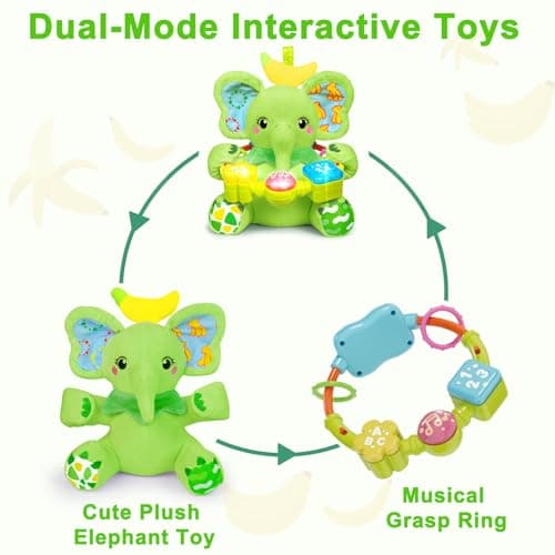 Holaxander Baby Elephant Musical Stuffed Animals Toy with Light-Up Music & Crinkle Sound Paper,Infant Bilingual Early Learning Education Toys,Tummy Time Toys for 0-3-6-12+ Months Boy Girl, Green - Thumbnail 6