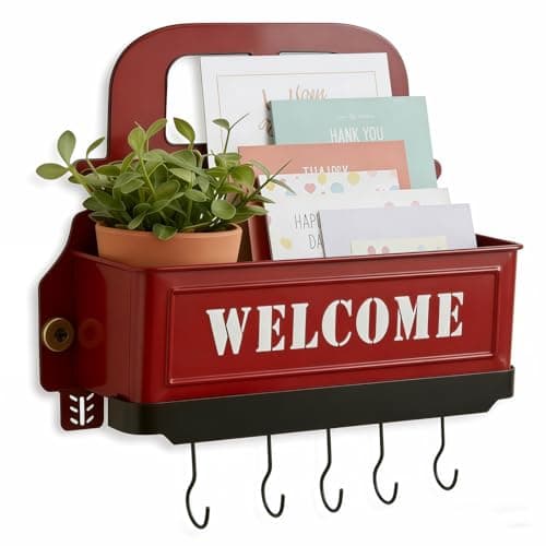 Truck Farmhouse Key Rack & Rustic Metal Wall Planter,Wall Mounted Flower Pot with Hooks, Hanging Plant Holder & Entryway Organizer for Indoor Outdoor Garden, Patio, Balcony, Farmhouse Decor (Red)