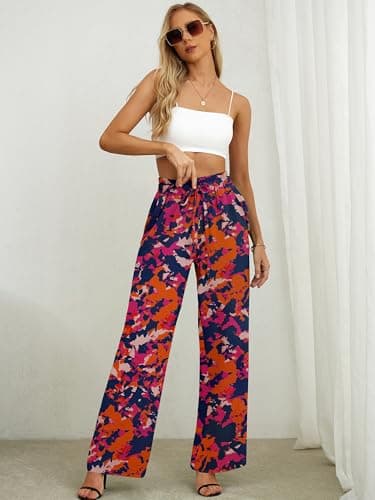 Heymoments Women Wide Leg Pants Rosy Clouds X-Large High Waist Loose Casual Pants Adjustable Tie Knot Belted Long Straight Trousers with Pockets - Thumbnail 5