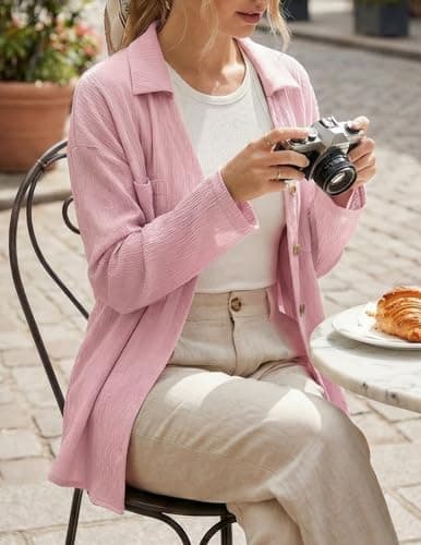 GAMISS Button Down Shirt for Women Long Sleeve Shirts Collared Casual Blouses Tops with Pocket Pink, XL - Thumbnail 6