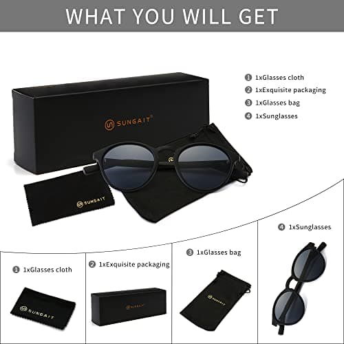 SUNGAIT Women's Classic Vintage Round Polarized Sunglasses Retro Style UV400(Black Frame(Matte Finish)/Grey Lens) K166HEIKHU - Thumbnail 5