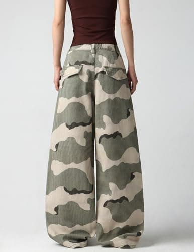 MaxOpen Camo Cargo Pants for Women Mid Waist Wide Leg Camouflage Army Fatigue Jean Y2k Hip Hop Baggy Trouser Streetwear Green - Thumbnail 6
