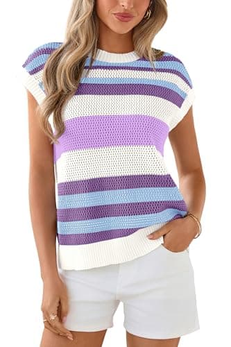 dowerme Womens Spring Tank Tops 2026 Cute Cap Sleeve Crewneck Color Block Crochet Sweater Vest Striped Summer Outfits(Striped Purple White,Large) - Image 1