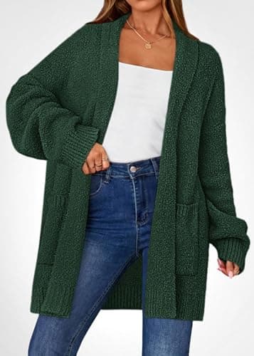 KIRUNDO Cardigan Sweaters for Women 2026 Fall Chunky Fuzzy Knit Open Front Loose Long Sleeve Sweater Coats Winter Clothing(Dark Green, X-Large) - Thumbnail 3