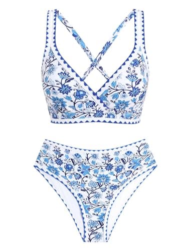 ZAFUL Womens High Waisted Bikini Sets Floral Print Whip Stitch Two Piece Swimsuit Crisscross Tie Back Bathing Suits 2026 Blue Large - Thumbnail 6
