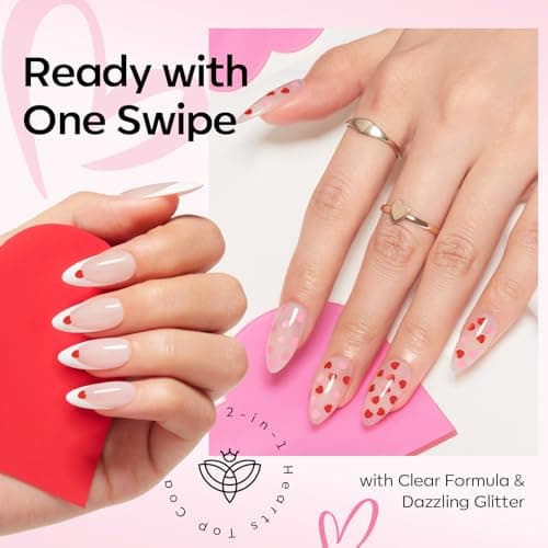 modelones Heart Glitter Gel Top Coat, 15 ML 2 in One No Wipe Clear Gel Nail Polish Red Pink Color Reflective Hearts Sequins Glossy Shine Long Lasting Soak Off Manicure Gift for Women - Thumbnail 6