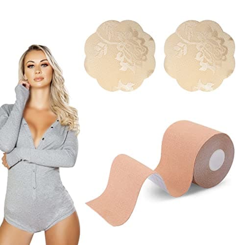 Auteek Boob Tape Boobtape, 3" Extra Wide Bob Tape for Large Breasts, XL Breast Lift Tape w 2pcs Reusable Nipplecover Adhesive Bra - Image 1