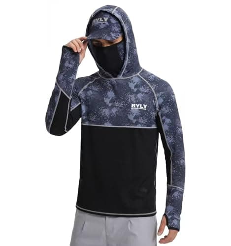 Men's Rash Guard Shirts Sun Protection Fishing Hoodie with Mask Cap Long Sleeve UPF 50+ Hiking Shirt(M) Dark Blue - Image 1
