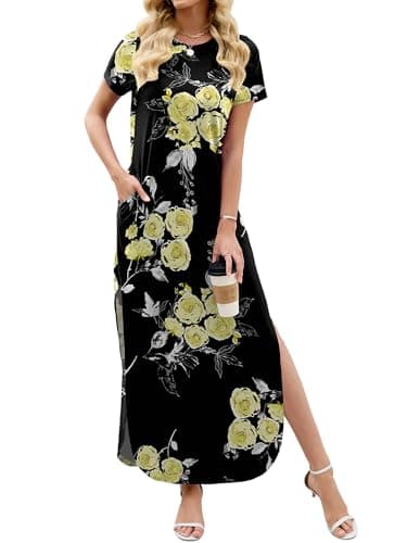 Heymoments Womens Summer Maxi Dress Floral Print Small Short Sleeve Casual Loose Fitted Long T Shirt Ladies Flowy Dresses Split Cute Vacation Party Beach Travel Elegant Sundress with Pockets - Image 1