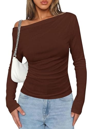 PRETTYGARDEN Off The Shoulder Tops for Women Going Out Long Sleeve Shirts 2026 Fall Casual Fitted Ribbed Ruched Y2K Clothes (Brown,Medium) - Image 1