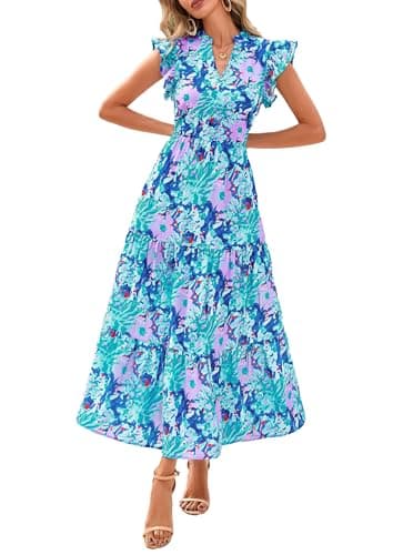 PRETTYGARDEN Women's 2026 Summer Floral Midi Dress Cap Sleeve V Neck Ruffle Long Flowy Boho Casual Beach Vacation Dresses (Floral Purple Blue,XX-Large) - Image 1