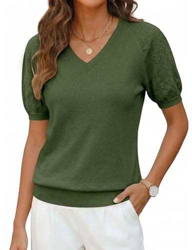 LaGracia Puff Short Sleeve Sweater for Women Summer Puff Sleeve Sweater Tops Spring V Neck Cauasl Dressy Shirts Cute 2026 Army Green S - Image 1