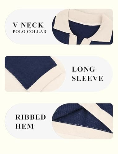 BAYAMO Mens Polo Sweater V Neck Long Sleeve Pullover Sweater Casual Knit Textured Sweater Navy M - Thumbnail 5