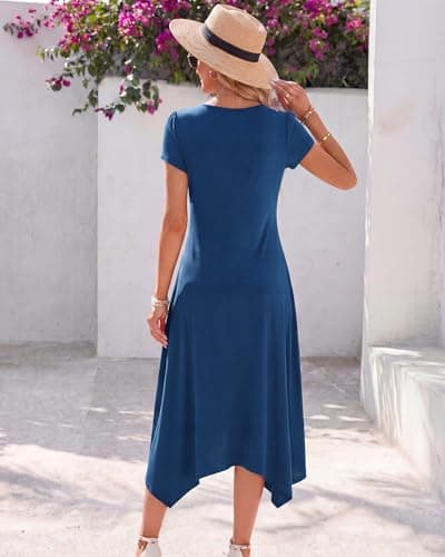 Pleneal Dresses for Women 2026 Casual Summer Maxi Dress Beach Sun Dress with Pockets Short Sleeve Long Vacation Dresses Navy - Thumbnail 3