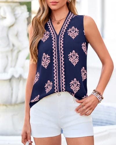 BTFBM Womens Tank Tops Floral Printed V Neck Sleeveless Spring 2026 Business Work Dressy Casual Shirts Chiffon Blouses(Navy Blue, Large) - Thumbnail 4
