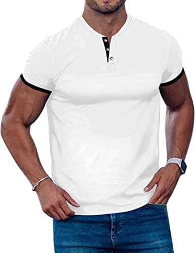 Gnvviwl Men's Casual Stretchy Henley Shirts Short Sleeve Fitted T Shirt Soft Stylish Tee Tops White - Thumbnail 2
