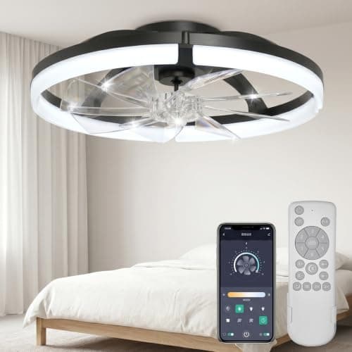 20" Ceiling Fan with Light, Flush Mount, Remote Control, Black - Image 1