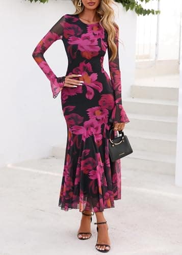 Lazysmile Women's Long Sleeve Floral Maxi Dresses Fall Formal Crewneck Bodycon Mesh Ruffle Wedding Guest Cocktail Party Dress Black Rose Red - Thumbnail 3