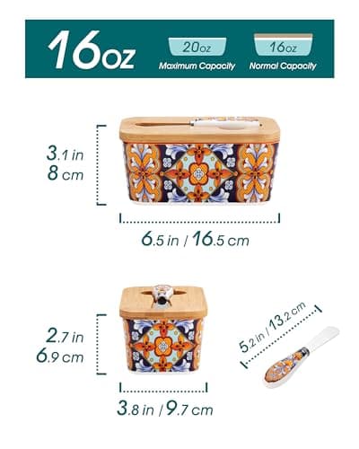 vancasso SIMI Butter Dish with Lid, 6.5" Large Butter Dish for Countertop, Bohemian Ceramic Butter Keeper Container with Knife and Bamboo Lid, Butter Holder for Counter, Amber Elegance - Thumbnail 2