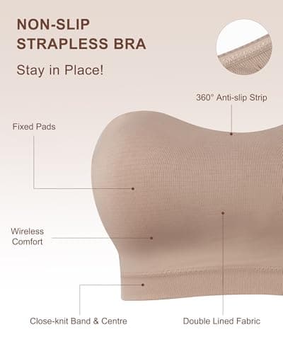OceanDeer Bandeau Bra Strapless Bras for Women Non-Slip Wireless Tube Top Full Coverage Comfortable Padded Bralette with Clear Straps, Neutral, L - Thumbnail 6