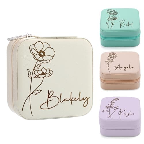 Yofair Personalized Jewelry Box with Birth Flower Bridesmaid Gifts Custom Leather Travel Jewelry Case Ring Box Christmas Birthday Gifts for Women - Image 1