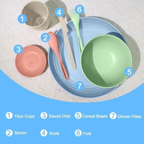 Wrova wheat straw bowls,plates,cups and cutlery sets 28 pcs - Unbreakable Dishwasher Safe dinnerware sets service for 4 - Ideal dish sets for kitchen, camping, indoors and out doors.Nordic - Thumbnail 3