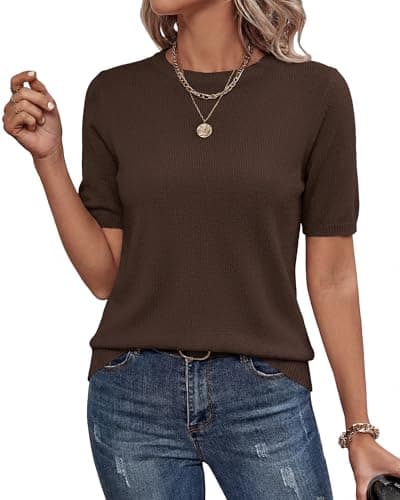 BTFBM Women's Short Sleeve Sweaters 2026 Summer Crew Neck Knit Work Shirts Business Casual Tops Basic Fall Fashion Clothing(Brown, X-Large) - Image 1
