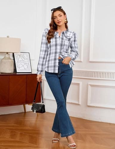 LOOKBOHO Women Spring Peter Pan Collar Shirts Long Sleeve Button Down Blouse, Puff Sleeve Lightweight Cotton Tops for Fall Summer, Elegant Work & Casual Wear Black Plaid Large - Thumbnail 4