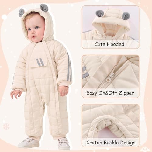 JiAmy Baby Snowsuit Baby Bear Hooded Winter Outfit Double Girl Boy Zipper Winter Clothes Romper White 3-6 Months - Thumbnail 2