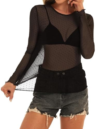 GKBK Womens Mesh Long Sleeve Tops Crew Neck Sexy See Through Tee Dressy Casual Shirts Party Club Night Lace Blouse Western Wear Outfit Clothes Going Out Clothing Black Polka Dot M - Thumbnail 4