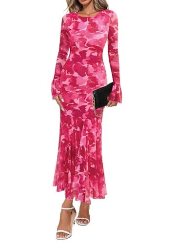 Lazysmile Women's Long Sleeve Floral Maxi Dresses Fall Formal Crewneck Bodycon Mesh Ruffle Wedding Guest Cocktail Party Dress Rose Red - Image 1