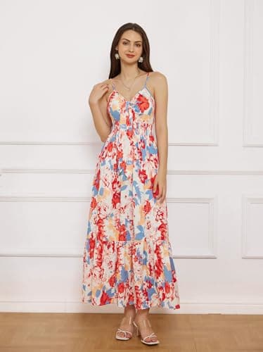 GRACE KARIN Women 2025 Summer Spaghetti Strap Dress Sleeveless V Neck Tie Front Casual Beach Party Maxi Dresses - Thumbnail 2
