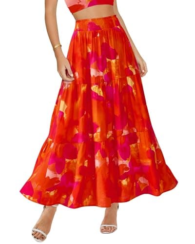 BTFBM Skirts for Women Summer 2026 Floral Print A Line Elastic High Waist Boho Maxi Skirt Spring Fashion Clothing Pocket(Floral Red, X-Large) - Image 1