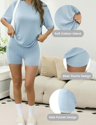 Flevita 2 Piece Lounge Set for women Short Sleeve Shirts and Shorts Comfortable Summer Pajama Set Travel Airport Outfit Baby Blue L - Thumbnail 4