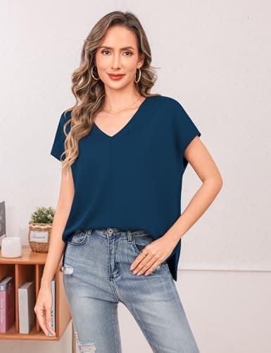 Totatuit Deep V Neck Tops Women Oversized T Shirts Cap Sleeve Side Split Loose Fit Casual Summer Blouses Casual Work Tops for Teacher Navy Blue Small - Thumbnail 2