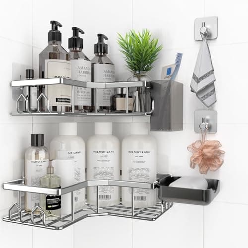 QHMCHLDZ Adhesive Shower Caddy, 6 Pack Corner Bath Organizer, Rustproof Stainless Steel Shower Shelves with Large Capacity, No Drilling Shelves for Bathroom Storage, Home, Kitchen Decor (Silver).