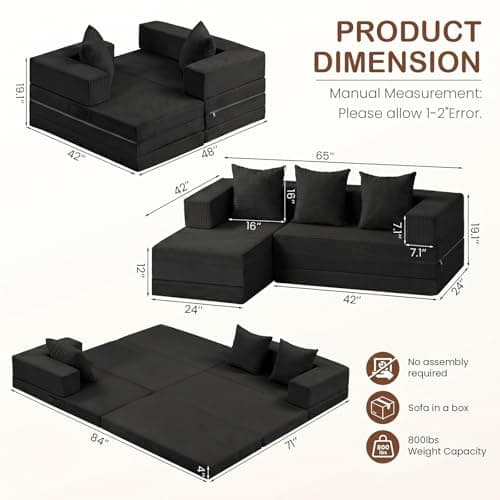 Ziydily Boneless Couches for Living Room, L Shaped Couch with Chaise, 4-in-1 Comfy Corduroy Fluffy Sofas, Flexible Module Combination Compact Room Couch, No Assembly, Black - Thumbnail 2