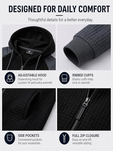 Men's Lightweight Waffle Knit Hoodie Zip Up Long Sleeve Hood Casual Warm Sweatshirt Drawstring Jacket with Pocket - Thumbnail 5