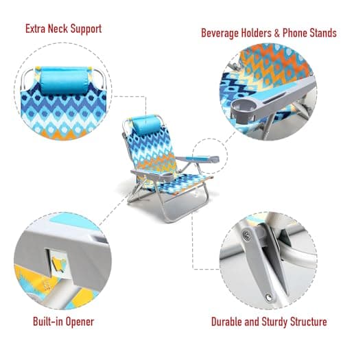 SUNNYFEEL Extra Wide 28" Low Beach Chair 5 Position Lay Flat, XL Oversized Portable Folding Camping Chairs with Cup Holder for Outdoor/Trip, Lightweight Foldable Backpack Beach Chair for Adults - Thumbnail 6