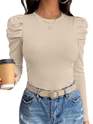 ANRABESS Womens Puff Long Sleeve Shirts, Comfy Stretchy Ribbed Knit Fitted Tops, Trendy Fall Winter Tee for Work & Casual Beige Medium