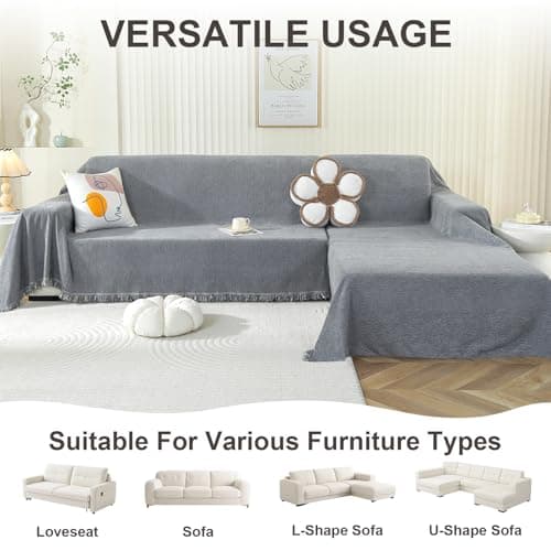 OstepDecor Chenille Couch Cover, Dark Grey Sofa Covers Washable, Sectional Couch Covers for Sofa L Shape, Couch Blanket Cover, Non-Slip Sofa Slipcovers for Dogs, Pets, 91" x 150" - Thumbnail 6
