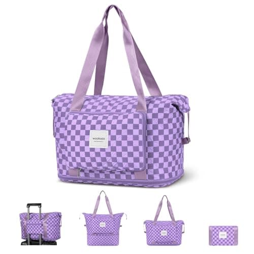 WOOMADA Foldable Travel Duffel, Weekender Bag with Expandable Space, Carry-On for Airplanes, Gym Bag for Women (Lavender Checkerboard)