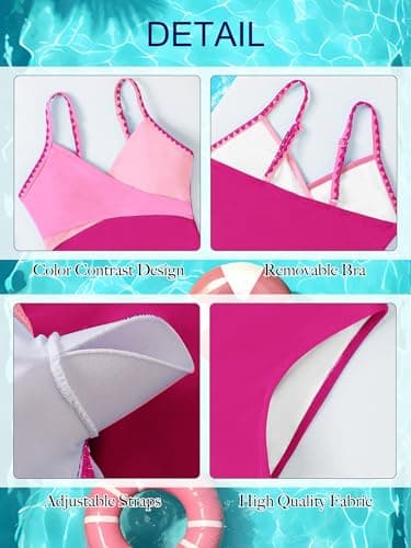 AMAWMW Kids Girls One Piece Swimsuits Contrast Color Cross Bathing Suit Adjustable Straps Girls Swimwear Rose Red 9-10Y - Thumbnail 5