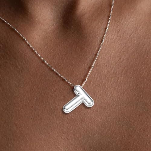 BOLAGTIER Bubble Letter Necklace Gold Plated Balloon Initial Chunky Bubble Alphabet Pendant Necklace Trendy Jewelry Gift for Women (T, Silver) - Thumbnail 2
