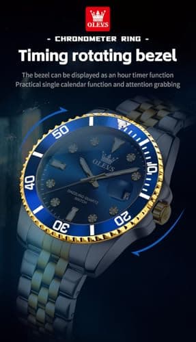 OLEVS Watches for Men Luxury Quartz Dress Men’Wrist Watch with Diamond Date 3ATM Waterproof Two Tone Stainless Steel Blue Face Watches for Men Business Style for Office Premium Gift for Him - Thumbnail 6