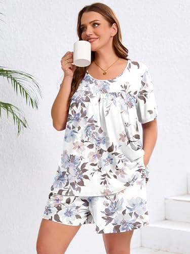AusLook Women's Plus Size Pajama Sets Short Sleeve Top and Shorts Peony 2X Casual Comfy Soft Ladies Short Pajamas Set Loungwear Sleepwear Pjs Set 2 Piece Lounge Set with Pockets - Thumbnail 2