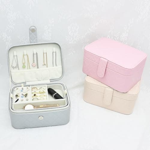 Cuifdem Jewelry Travel Case, 2-Layer Jewelry Box Organizer Medium Jewelry Travel Box, Portable Faux Leather Jewellery Storage Boxes with Argyle for Women, Daily Jewellery Case Home Use (Silver gray) - Thumbnail 6